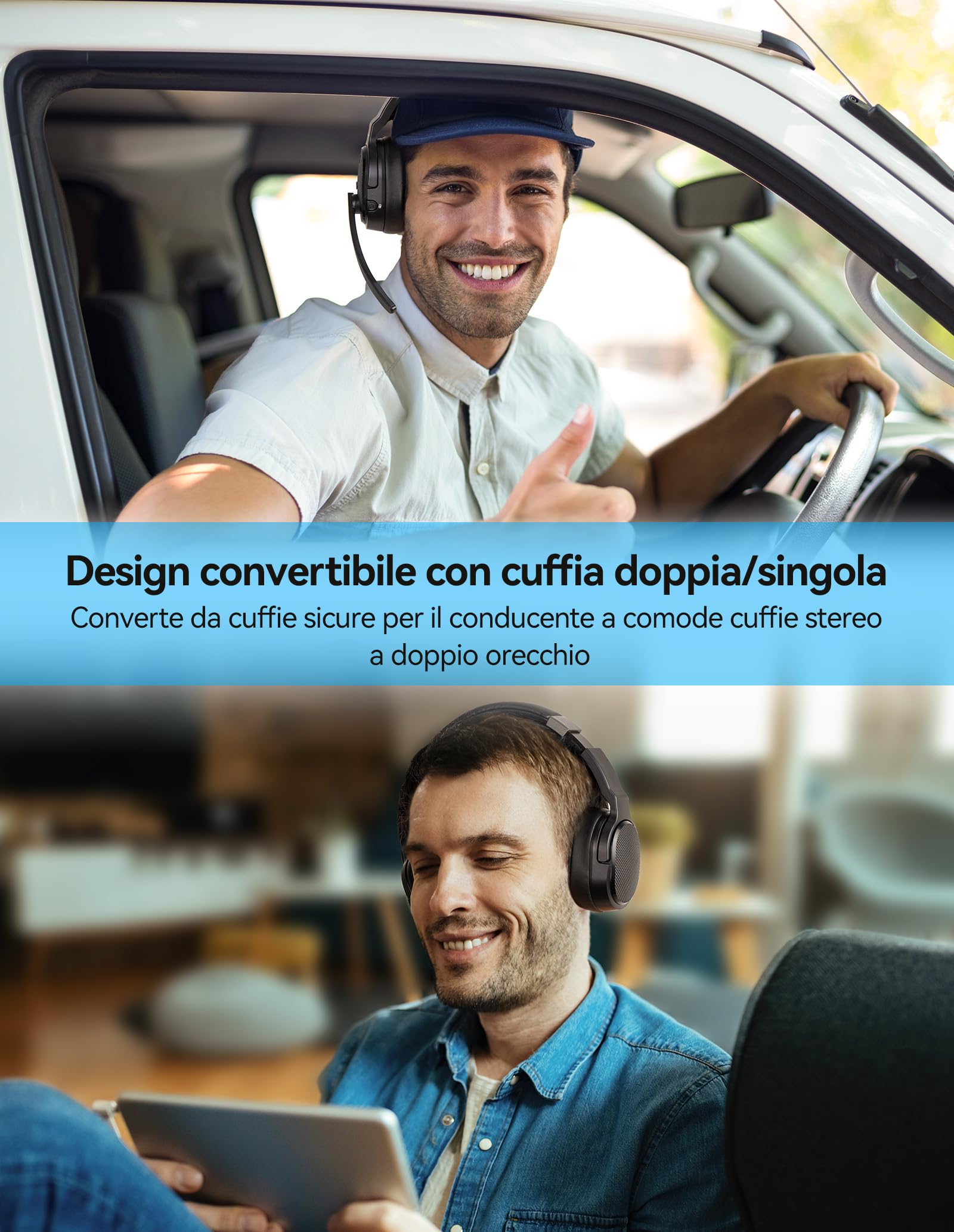 TECKNET Cuffie Bluetooth con microfono, USB dongle cancellazione del rumore singolo e doppio auricolare senza fili con 3 modalità di musica EQ, cuffie PC per call center, ufficio, camion