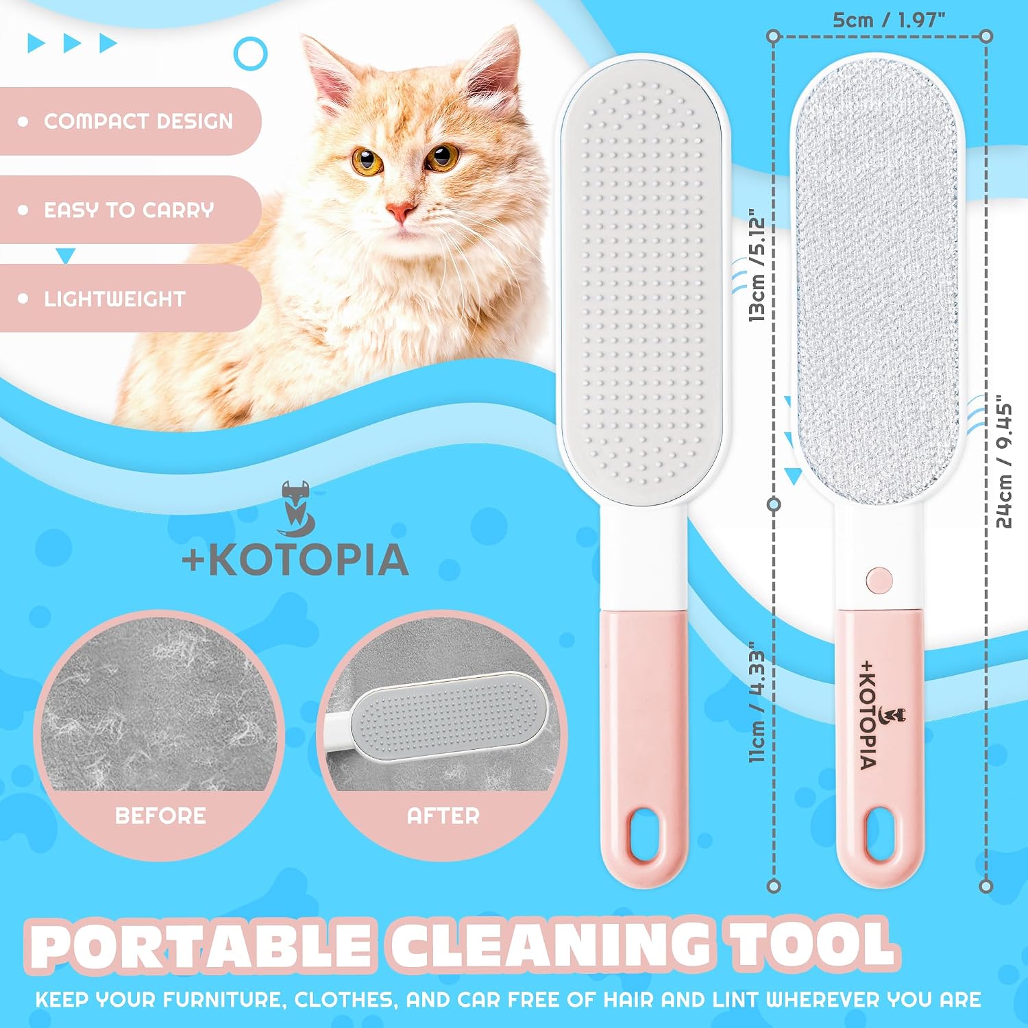 4-in-1 Pet Hair and Lint Remover Brush for Clothes, Furniture and Upholstery, Reusable Multi-Surface Tool for Sofas and Fabric, Pink image 2
