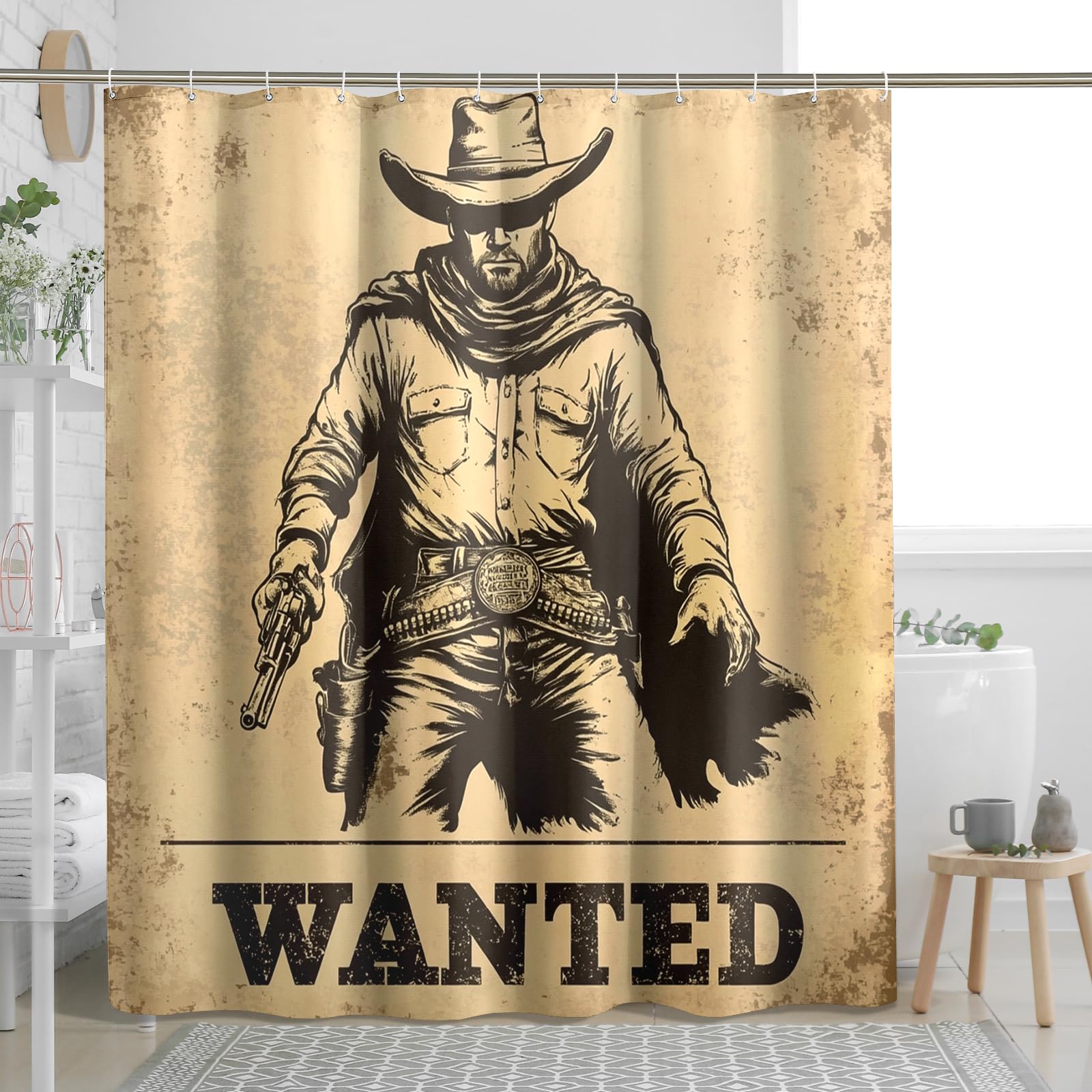 Rideau de douche motif imprimé Cowboy Wanted vintage 183cm