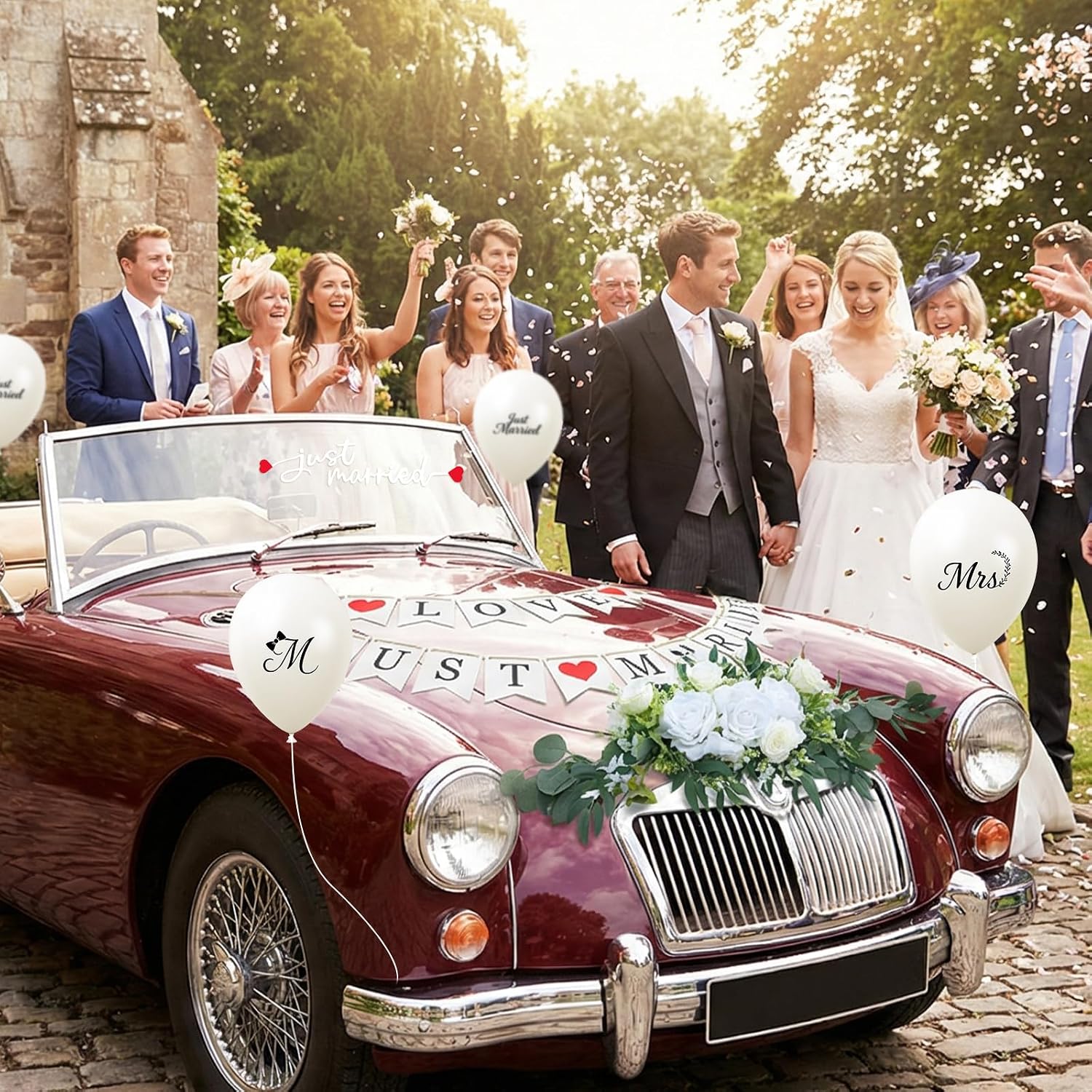 Luxury Just Married Car Decoration Kit –Artificial Flower Hood , Just Married Sign Banner & Stickers , Car Decals, Mr & Mrs Balloons, Elegant Wedding Car Decor for Ceremony, Bridal Shower & Honeymoon