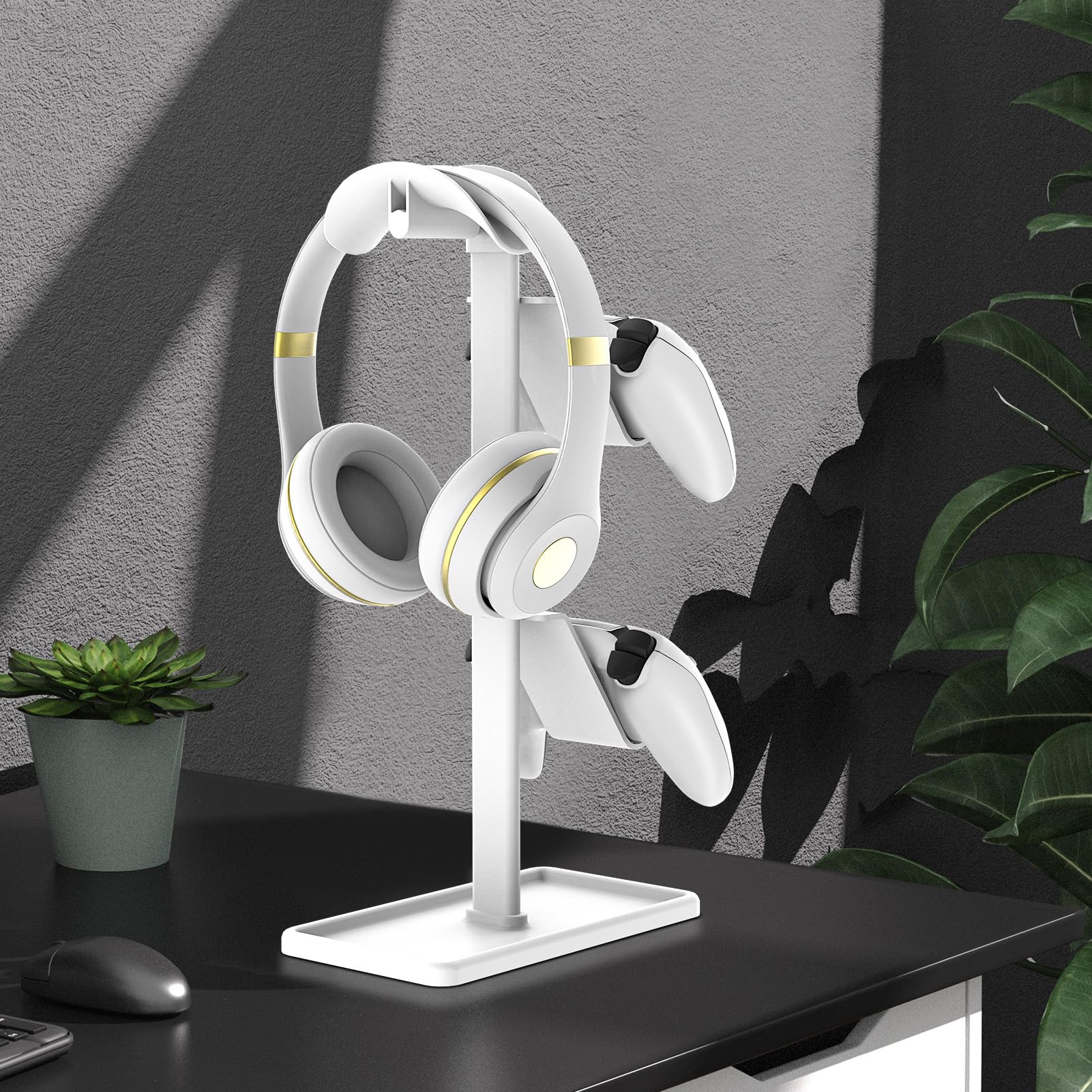 Support Manette, Support Casque, Gamer Porte Manette pour Xbox PS5 PS4 Switch, Headset Stand avec Organisateur de Rangement, Accessoire Bureau Gaming (Blanc)