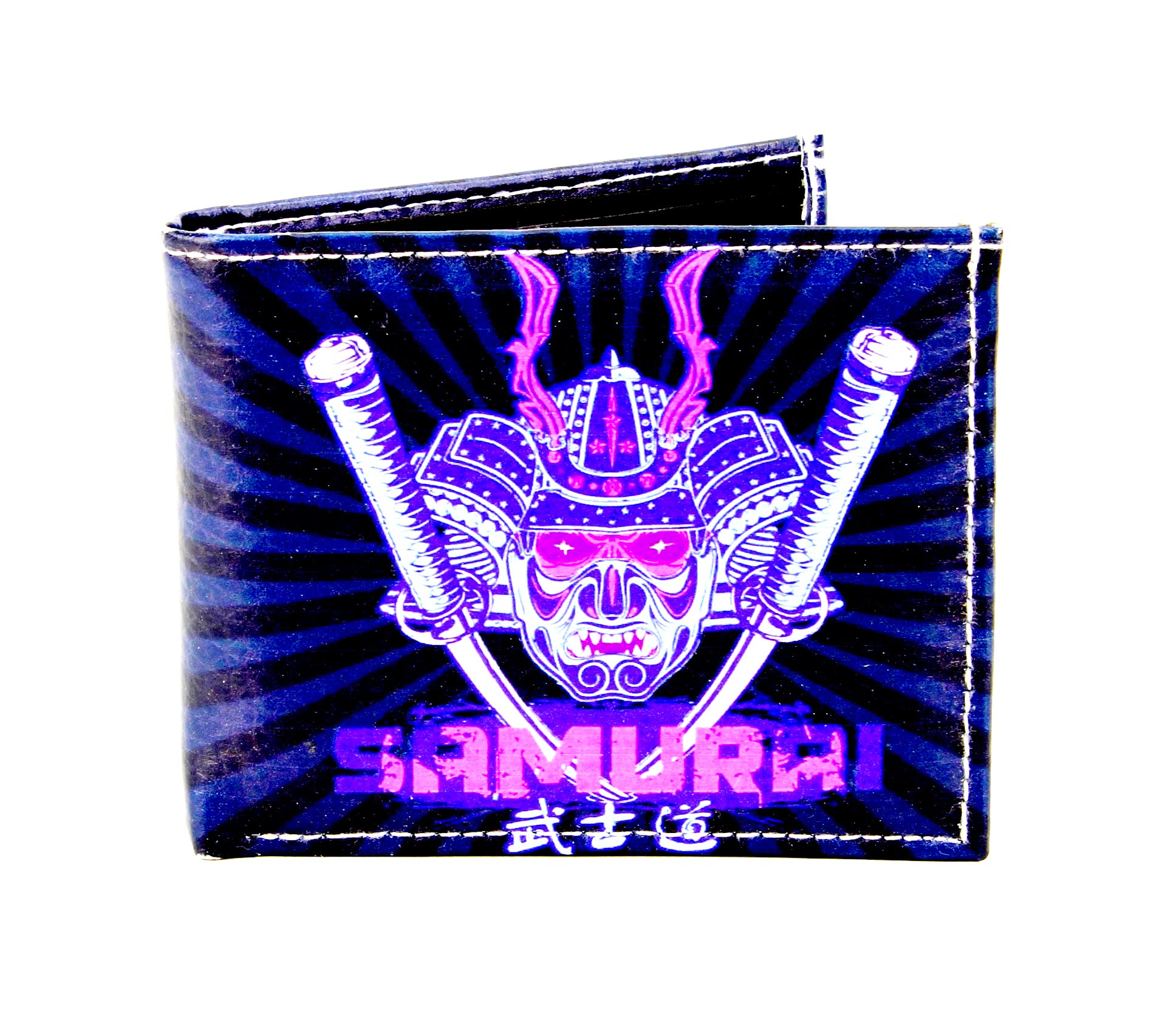 Li Bifold Mens Wallet - Vegan Leather Wallet for Men With Top-Flap 2 ID Windows, 6 Cards, 2 Inner Slots & 2 Cash Pockets - Samurai Mask With Sword