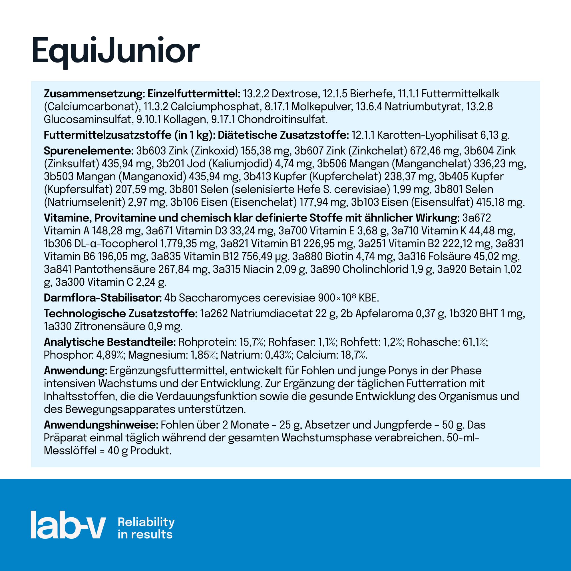 Lab-v EquiJunior 2 kg – Complemento alimenticio para potros y caballos jóvenes – Mezcla de vitaminas y minerales para la alimentación diaria