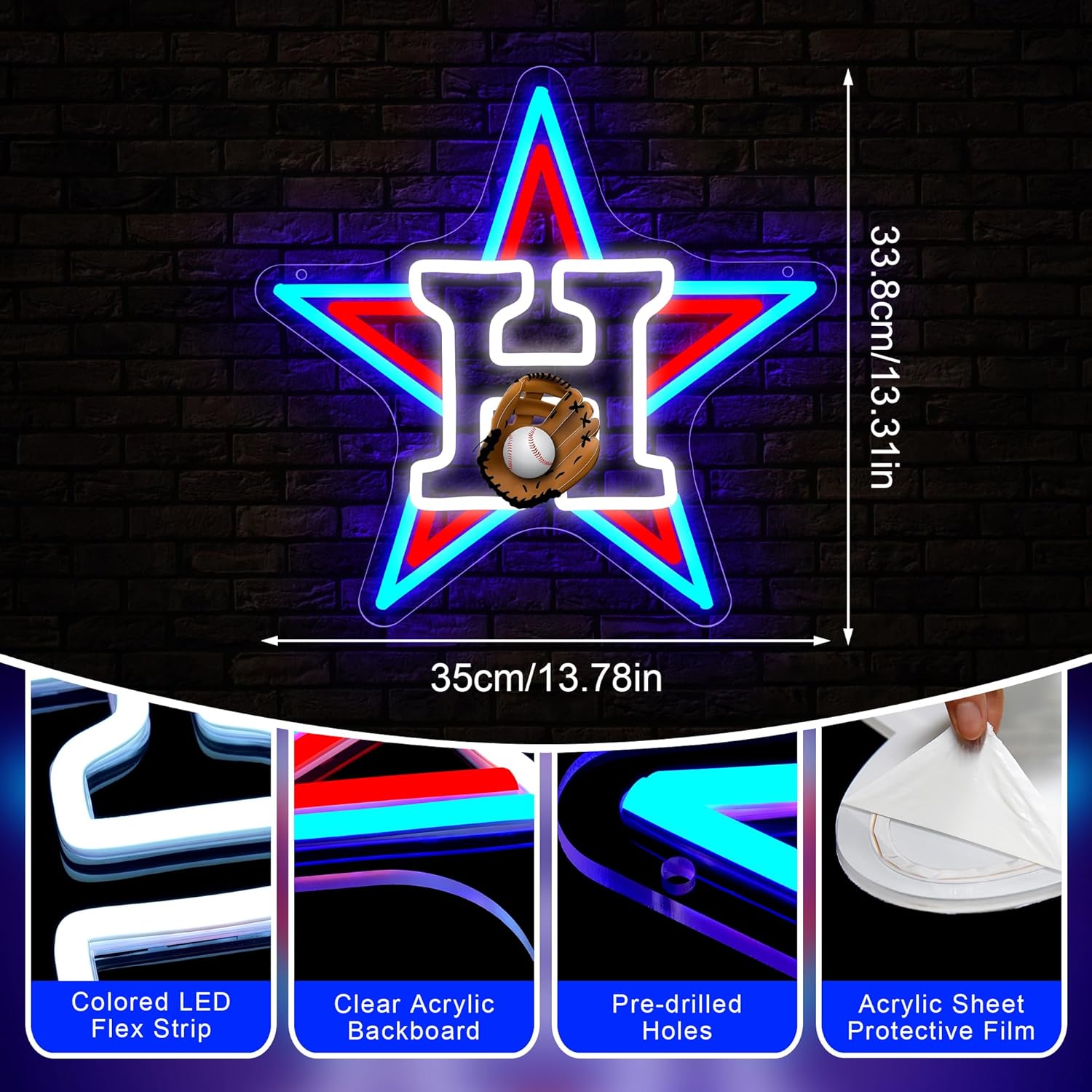 Baseball Neon Sign for Wall Decor - Team Merch Neon Acrylic USB Powered LED Wall Art Decor, Light Up Sign Dimmable, for Man Cave College Bedroom Game Room Bar Club Party 13.78" × 13.31" - Image 5