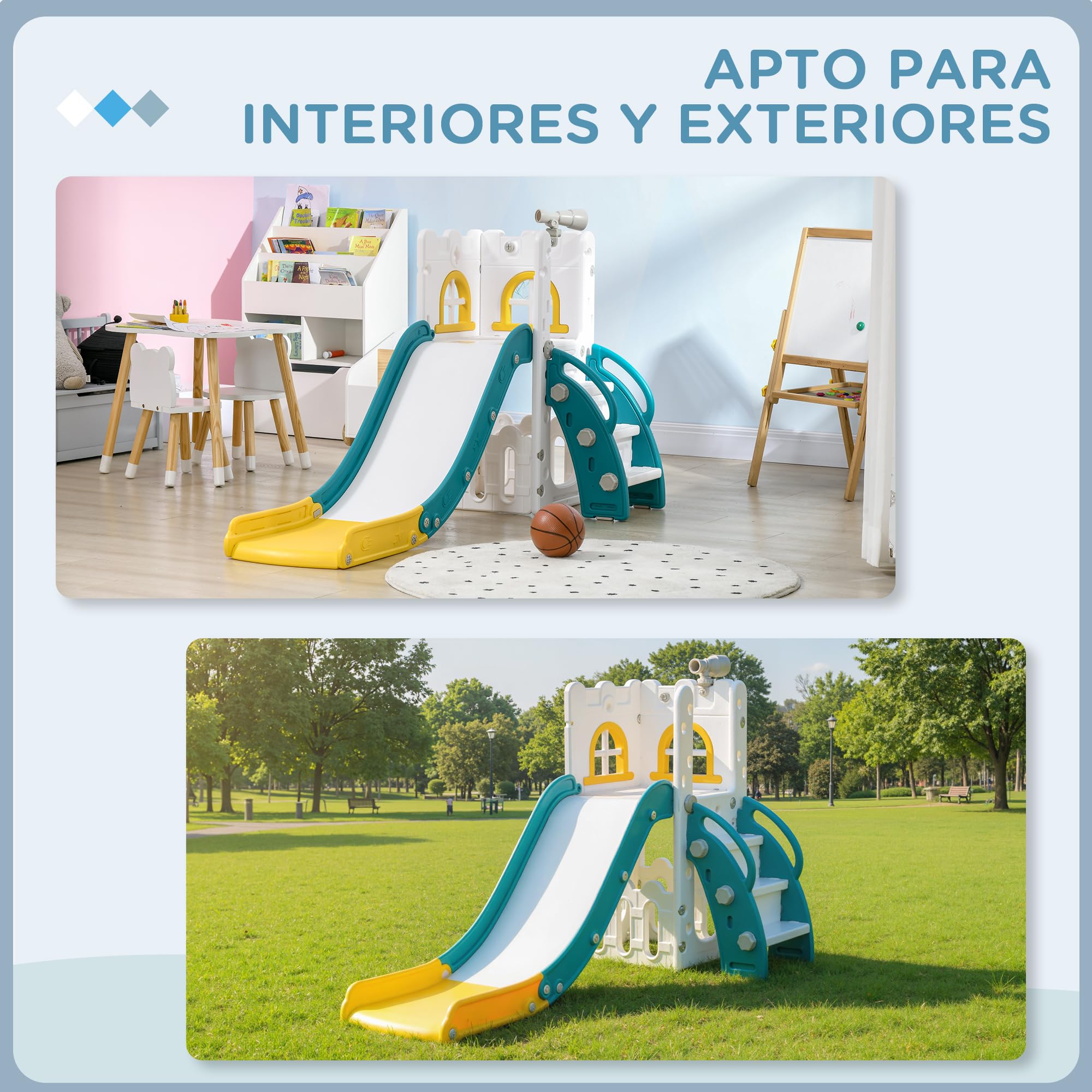 AIYAPLAY Tobogán Infantil 5 en 1, Tobogán para Niños de 1-3 Años con Aro de Baloncesto, Telescopio, Escalador y Cesta Inferior, para Interior y Exterior, Amarillo y Verde