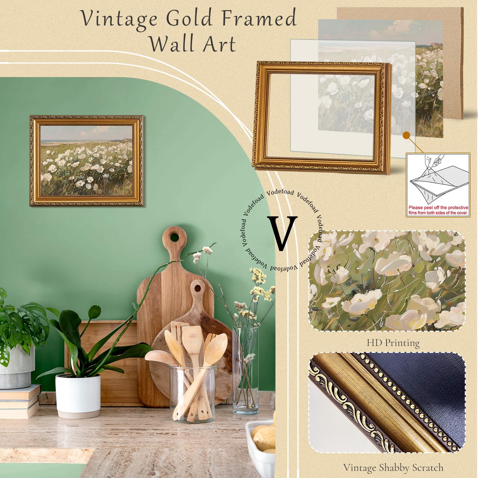 Wandkunst, Vintage-Stil, goldgerahmt, Bauernhaus, Wildblumenfeld-Landschaft, Leinwanddruck, Kunstwerk mit antikem abnehmbarem Rahmen, weißes Blumenfeld, Landschaftsbilder für Schlafzimmer, Küche