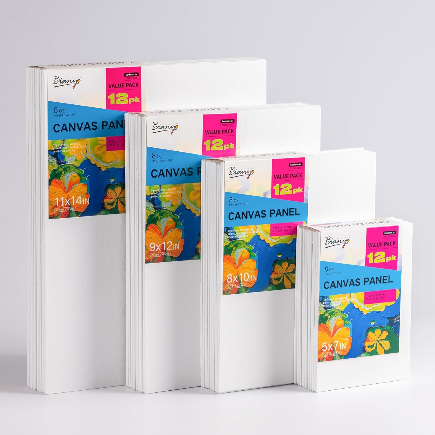 Bianyo Canvas Panels for Painting – 48 Pack (5x7, 8x10, 9x12, 11x14 Inch), 100% Cotton, Triple Primed & Acid-Free, Art Boards for Acrylic & Oil Paints, Ideal for Artists, Students, Hobbyists