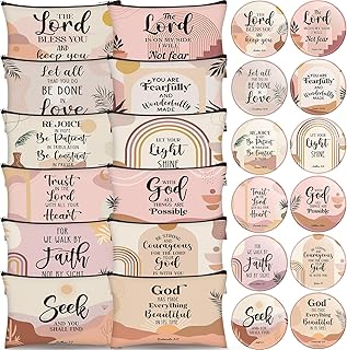 Geelin 24 Pcs Christian Gifts Bulk for Women 12 Religious Canvas Makeup Bags 12 Boho Bible Verse Compact Mirrors Inspirational Church Party Gifts for Women Mother Sister