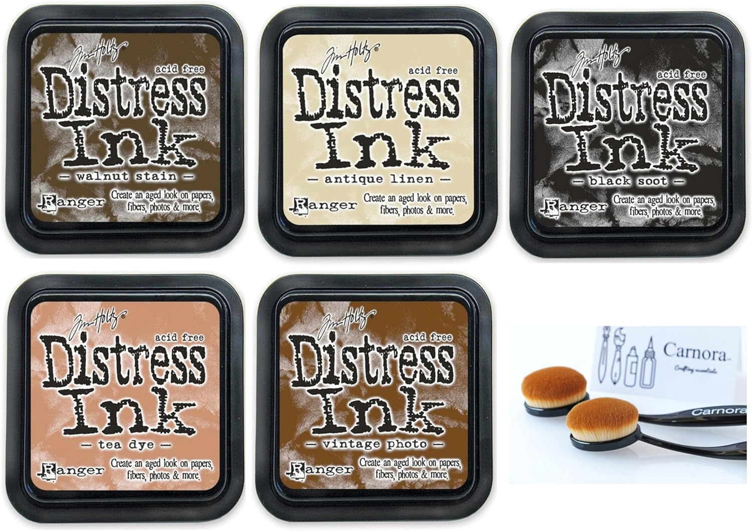 Tim Holtz Distress Ink Pads Set, 3x3 Inches, 5 Colors with 2 Carnora Brushes, Vintage Photo, Walnut Stain, Antique Linen, Tea Dye, Black Soot