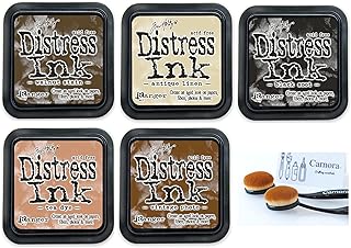 Tim Holtz Distress Ink Pads Set, 3x3 Inches, 5 Colors with 2 Carnora Brushes, Vintage Photo, Walnut Stain, Antique Linen, Tea Dye, Black Soot