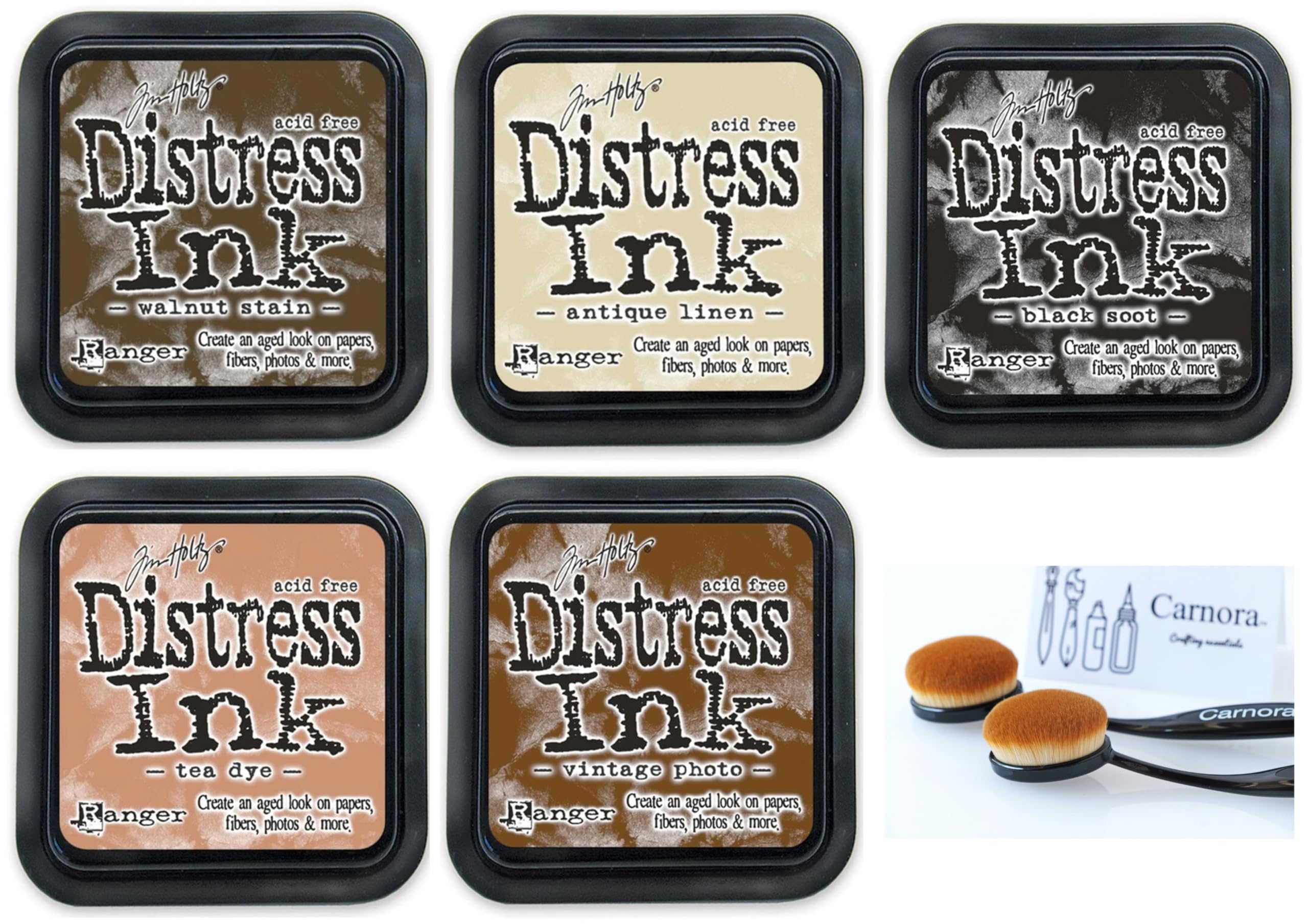 Tampons encreurs Tim Holtz Distress Carnora avec 5 couleurs et pinceaux