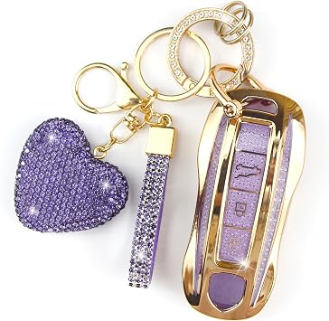 Key Fob Cover with Diamond Keychain Compatible with Porsche Car Key Holder Compatible with Porsche Cayenne Panamera 2018-2024, Carrera Taycan 2020-2024 for Women, 3 Buttons Purple-Heart