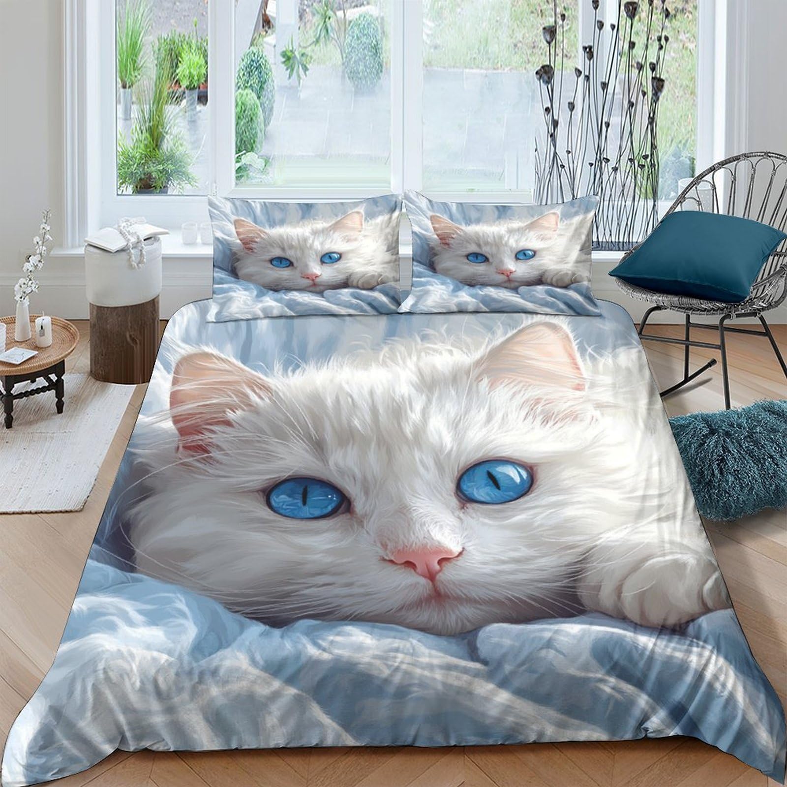 Ctjqhvkz Style-4 3D Printed Blue Eyed Cat Fitted Sheet Microfiber Soft Non-Slip White Fluffy Kitten Bed Cover For Bedroom Guest Room Mattress Decor Single（135X200cm）