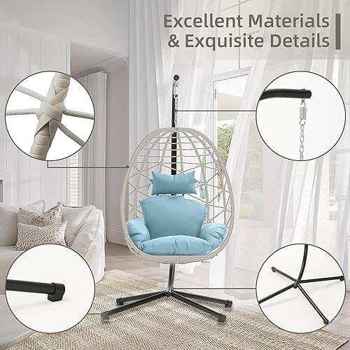 Miniatura 4 de DoubleTT Silla columpio de mimbre para interiores y exteriores, hamaca plegable, cesta colgante con soporte, resistente a los rayos UV, cojines