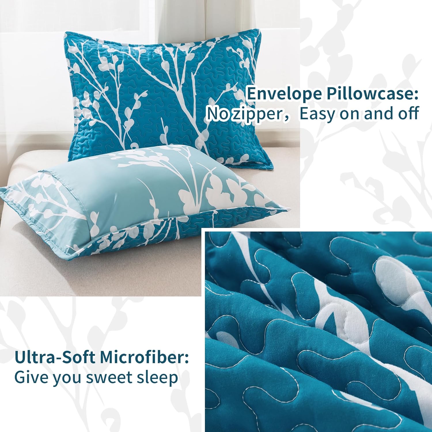 Andency Teal Blue Quilt Queen Size (96x90 Inch), 3 Pieces Floral Lightweight Bedspread, Microfiber Reversible Flower Quilted Coverlet with 2 Pillowcases for Men Women - Image 5