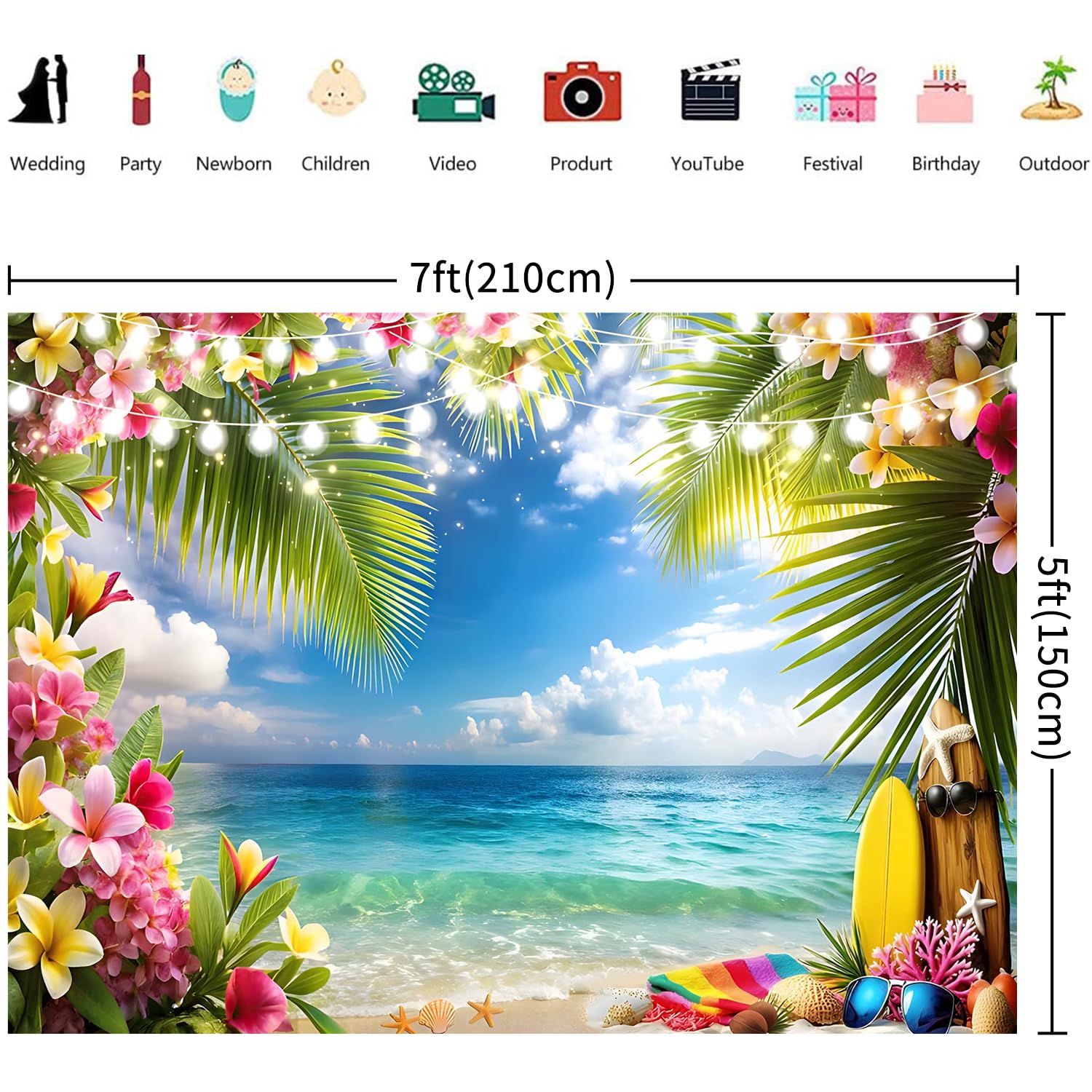 2.1x1.5m Telón de Fondo Playa Verano Cielo Hawaiano Océano Flor Tropical Hojas de Palma Tabla de Surf Fondo de Fotografía Boda Baby Shower Cumpleaños Aloha Luau Decoraciones de Fiesta