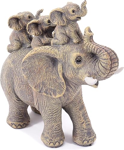 FriyGardcn Bonita estatua de elefante para decoración del hogar, elefante de buena suerte, lleva tres terneros en su espalda, decoración para