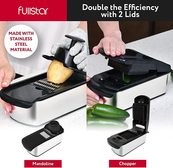 Fullstar Gemüseschneider und Mandoline Gemüsehobel - Julienne- und Würfelschneider für Gurken Zwiebeln Kartoffeln Früchte - Reibe für Gemüse Käse - Küchenzubehör Küchengeräte (14-in-1 PRO Edelstahl) - 2