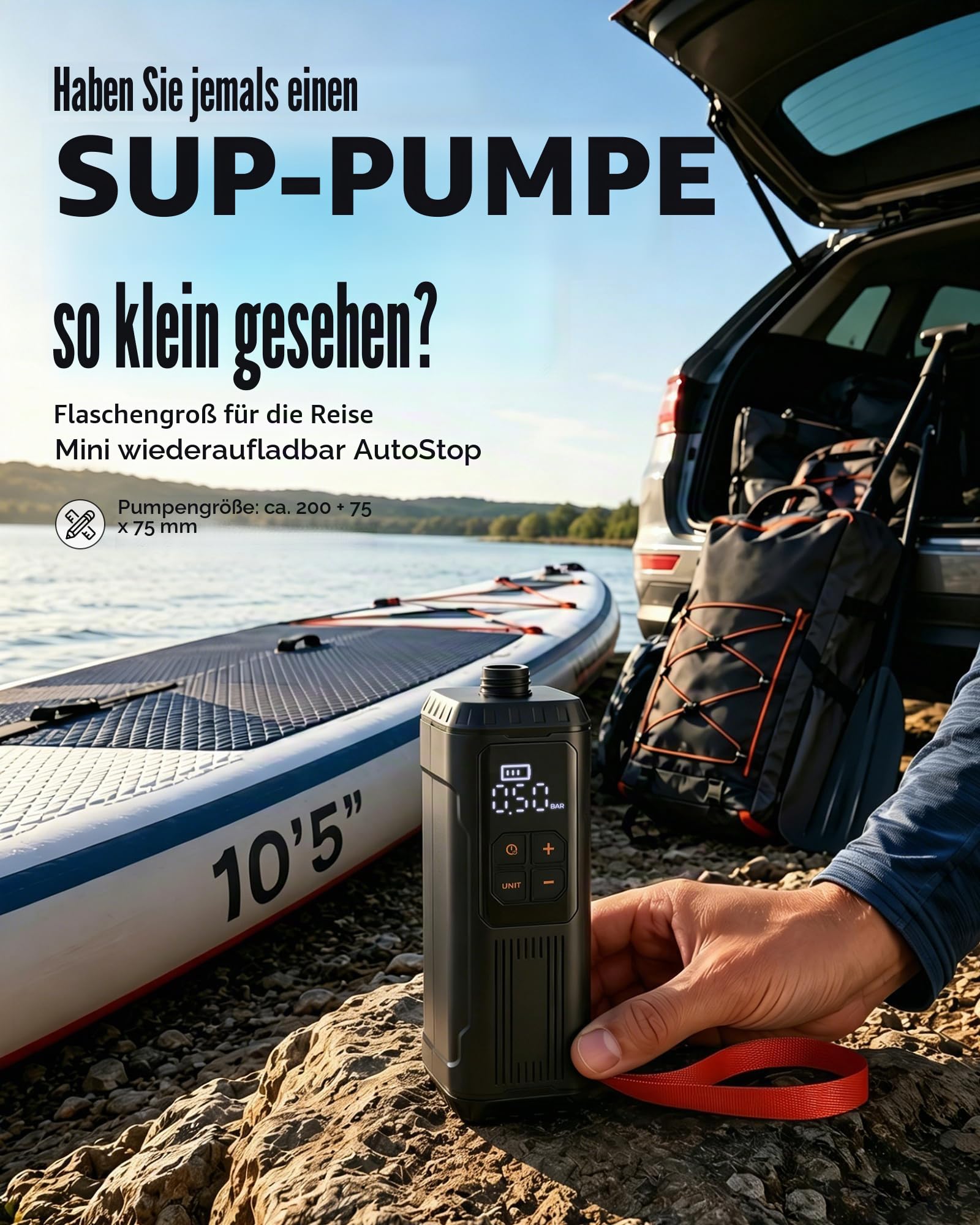 Mini Paddle Board Pumpe, Tragbare SUP Luftpumpe mit Akku, Leichte Elektrische Inflator 12PSI Automatische Abschaltung, USB-C Wiederaufladbar für Paddle Boards, Kajak, Pool Floats