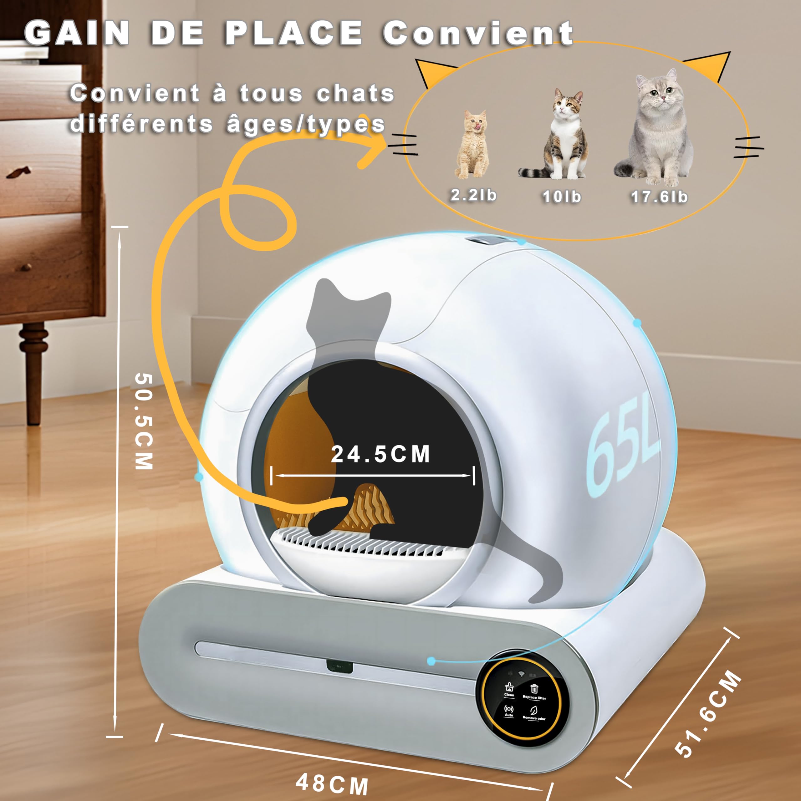 Litière autonettoyante pour chat - 65 l + 9 l - Avec 5 rouleaux de sacs poubelle et 1 tapis de sol - Bac à litière électrique automatique - Contrôle par application pour plusieurs chats