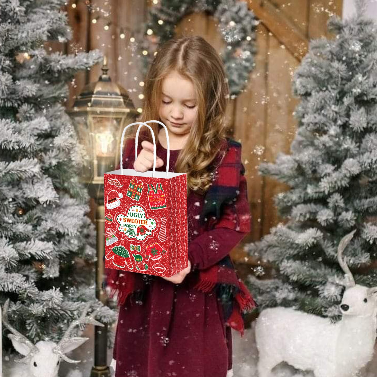 18-Pack Christmas Kraft Gift Bags With Handles - Blue Holiday Pattern Party Favor Bags