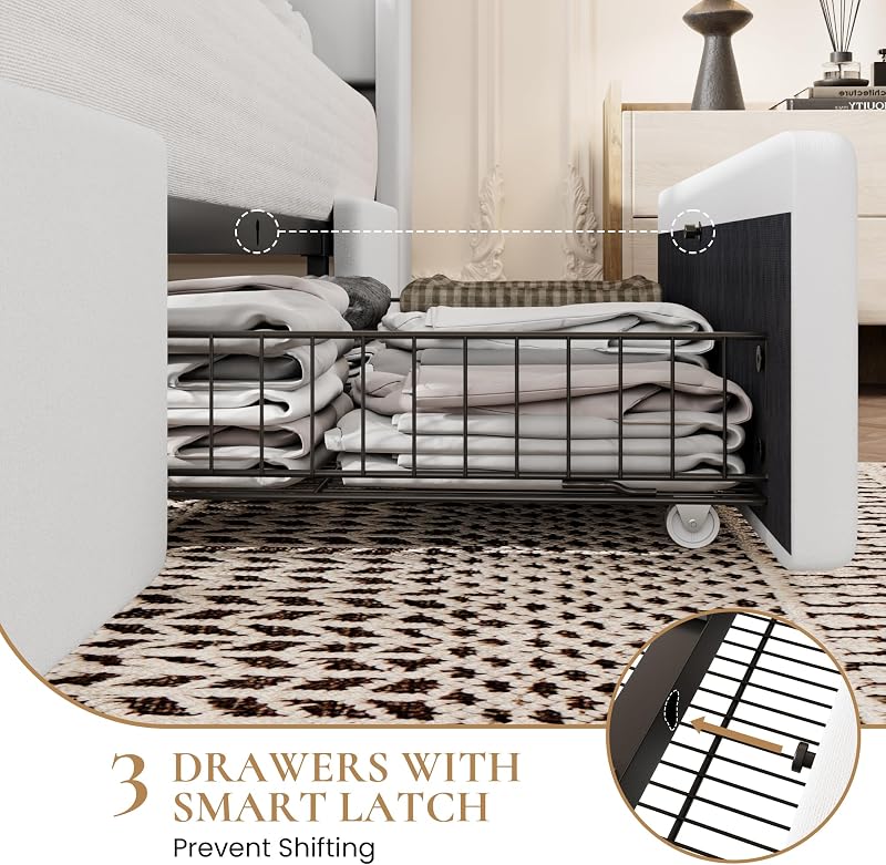 SHA CERLIN King Bed Frame, Storage Headboard with Drawers, Charging, White image 6