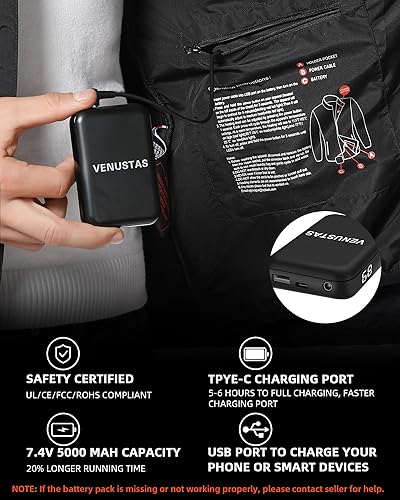 Miniatura 5 de Venustas - Chaqueta térmica 3 en 1 para hombre con batería de 5 V, chaqueta de esquí con capucha extraíble impermeable