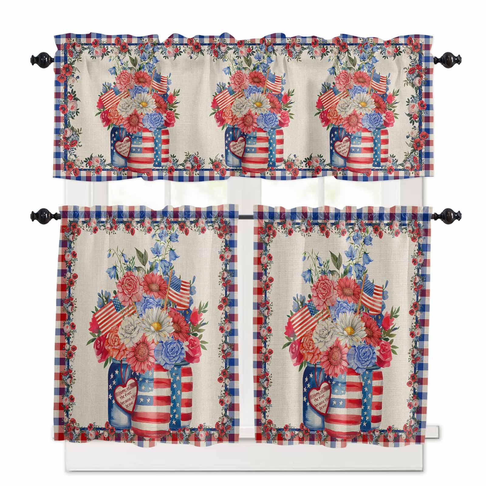 4th of July Kitchen Curtains 24 Inch Length,3 Piece Rod Pocket Small Half Tiers and Valance Set,Red Spring Floral Striped Independence Day Small Large Window Treatment Decor for Bedroom/Bathroom Sink