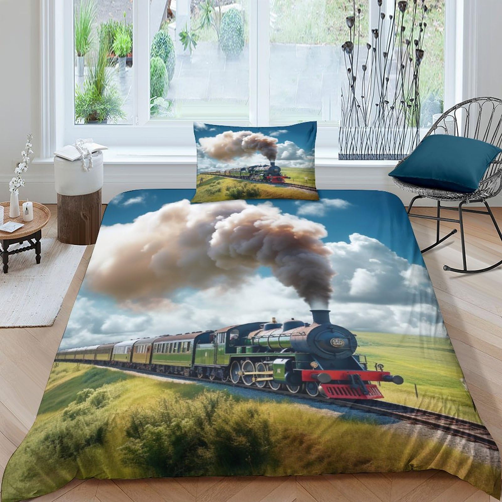 AAHARYA Travelling Train 3 Pieces Duvet Cover,3D Steam Train Printed Bedding Set,with Pillowcases,Hidden Zipper,soft Microfiber Quilt Cover Single（135x200cm）