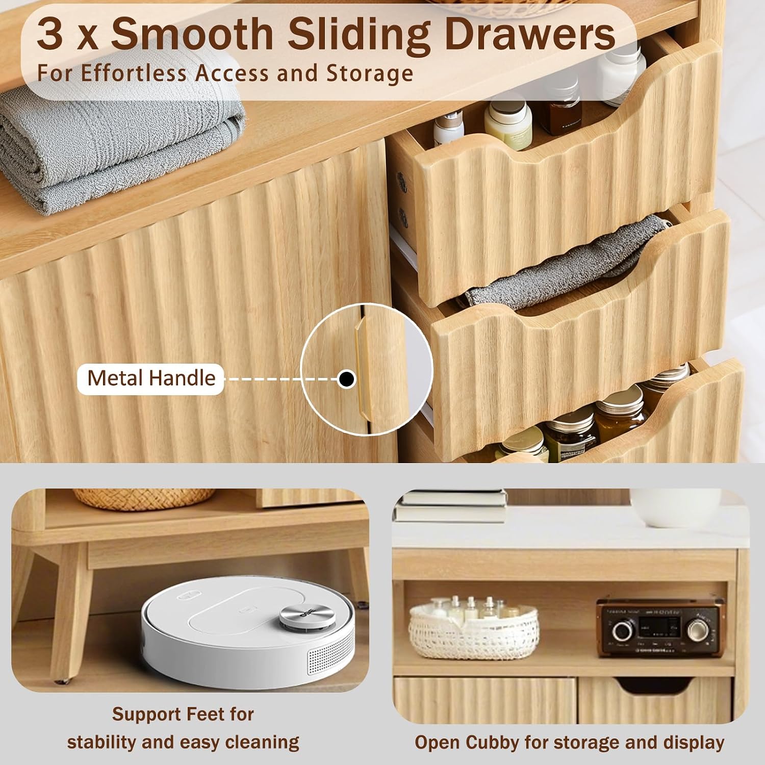 Fluted Storage Cabinet for Bathroom, 3 Drawer Floor Cabinet with Sliding Door, Mid Century Storage Organizer with Adjustable Shelf, Modern Curved Edge Cabinet for Dining Room Kitchen (Natural)