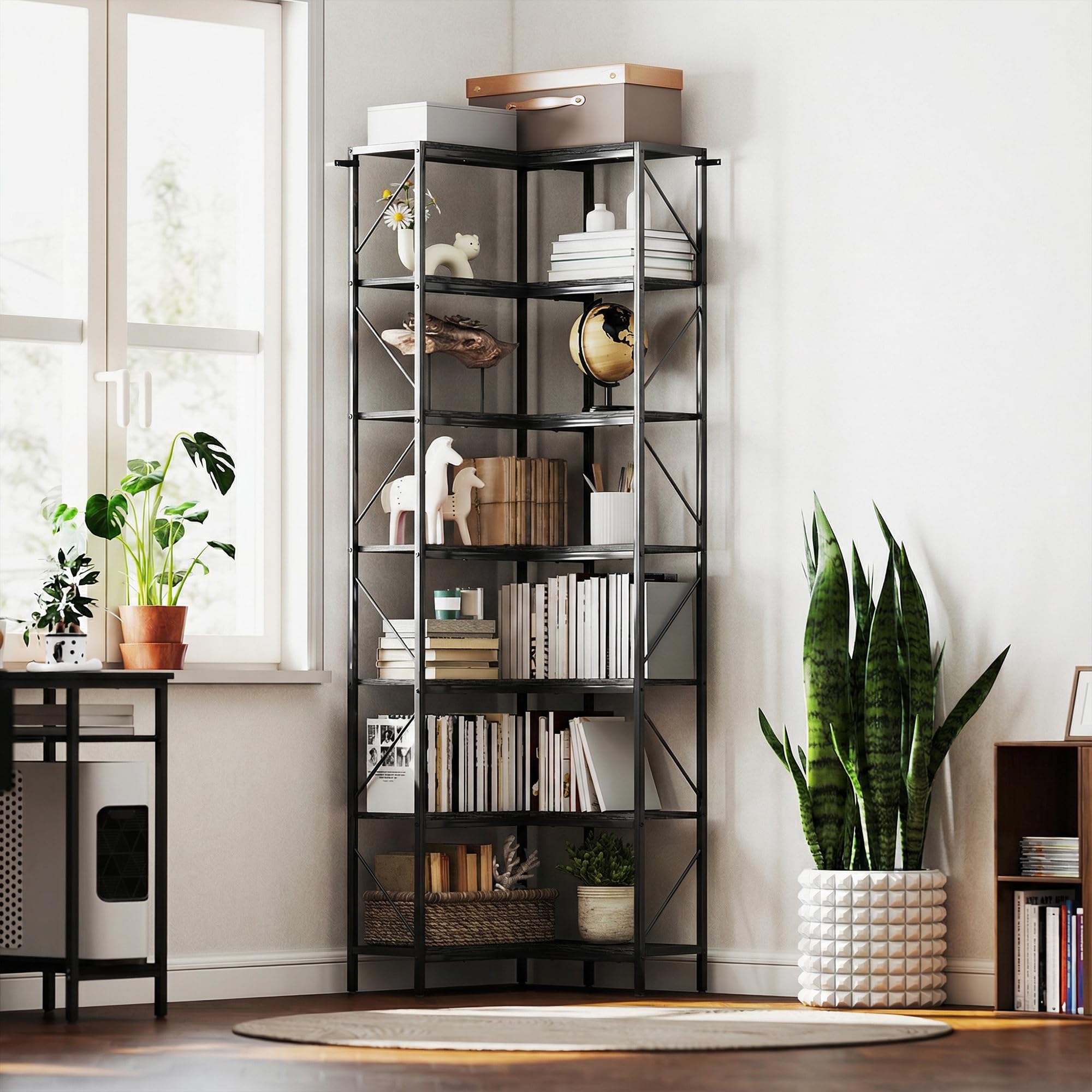 HOMCOM Libreria ad Angolo a 7 Ripiani 60x60x198 cm Nero | Libreria Angolare, Scaffale Salvaspazio Slim, Scaffale Portaoggetti Industriale, per Soggiorno, Camera da Letto, Ufficio