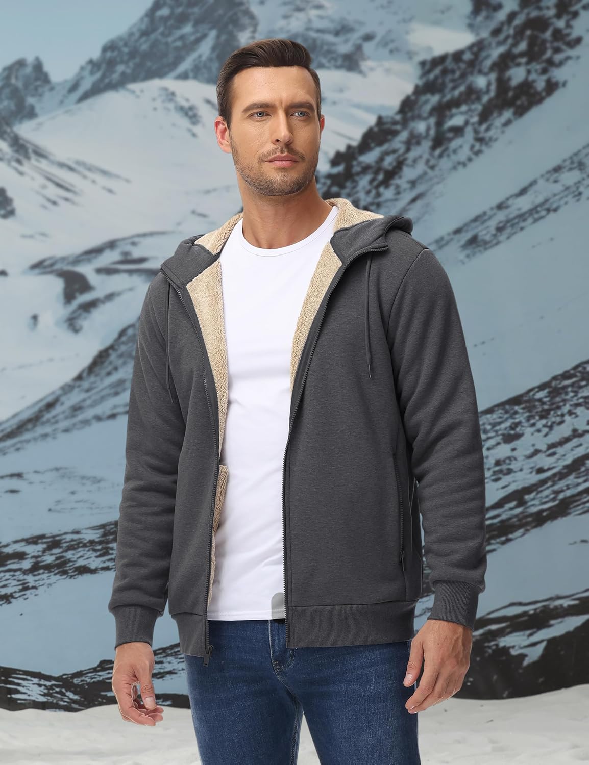 TACVASEN Men's Zip Up Sherpa Lined Hoodies Thick Fleece Heavyweight Jacket Windproof Thermal Zipper Sweatshirt - Image 2