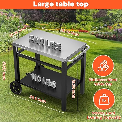 Miniatura 2 de Carrito de mesa para parrilla al aire libre, carrito de comedor móvil, soporte de mesa para horno de pizza con ruedas, mesa de trabajo y preparación