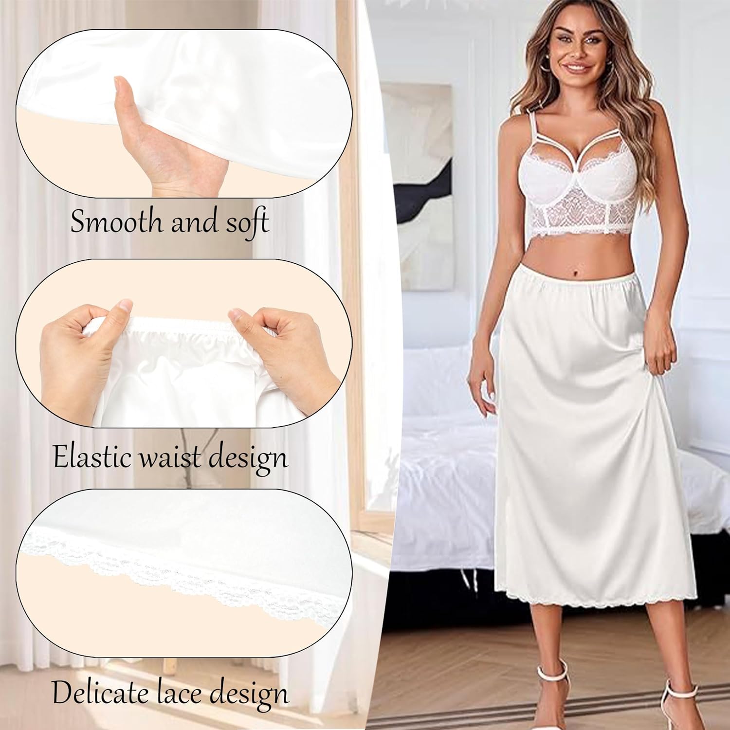 Dressever 2 Pieces Half Slips for Under Dresses Satin Long Underskirt Soft Slip for Women Skirt Extenders with Lace Trim - Image 3