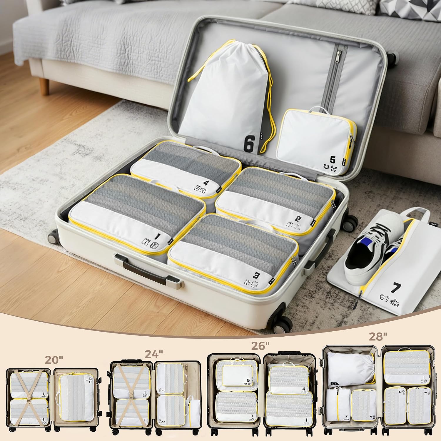 7 Set Compression Packing Cubes for Travel, Luggage Organizer Bags for Suitcases with Mesh Panels, Shoe Bag & Toiletry Bag for Carry On, Vacation & Cruise Essentials (White)