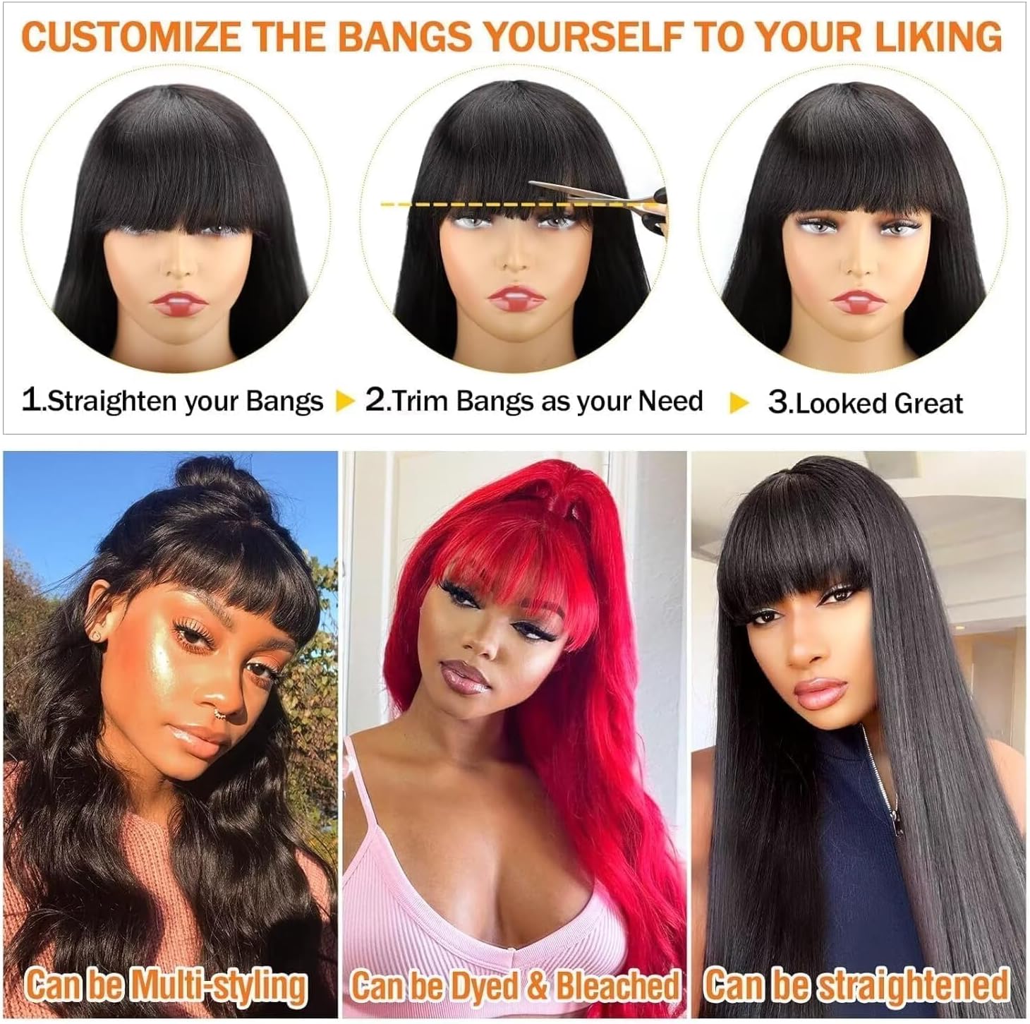 Wholesale 100% Virgin Brazilian Human Hair Bangs Wigs With Fringe Transparent Lace Straight Body Wave Wigs For Black Women - View #8