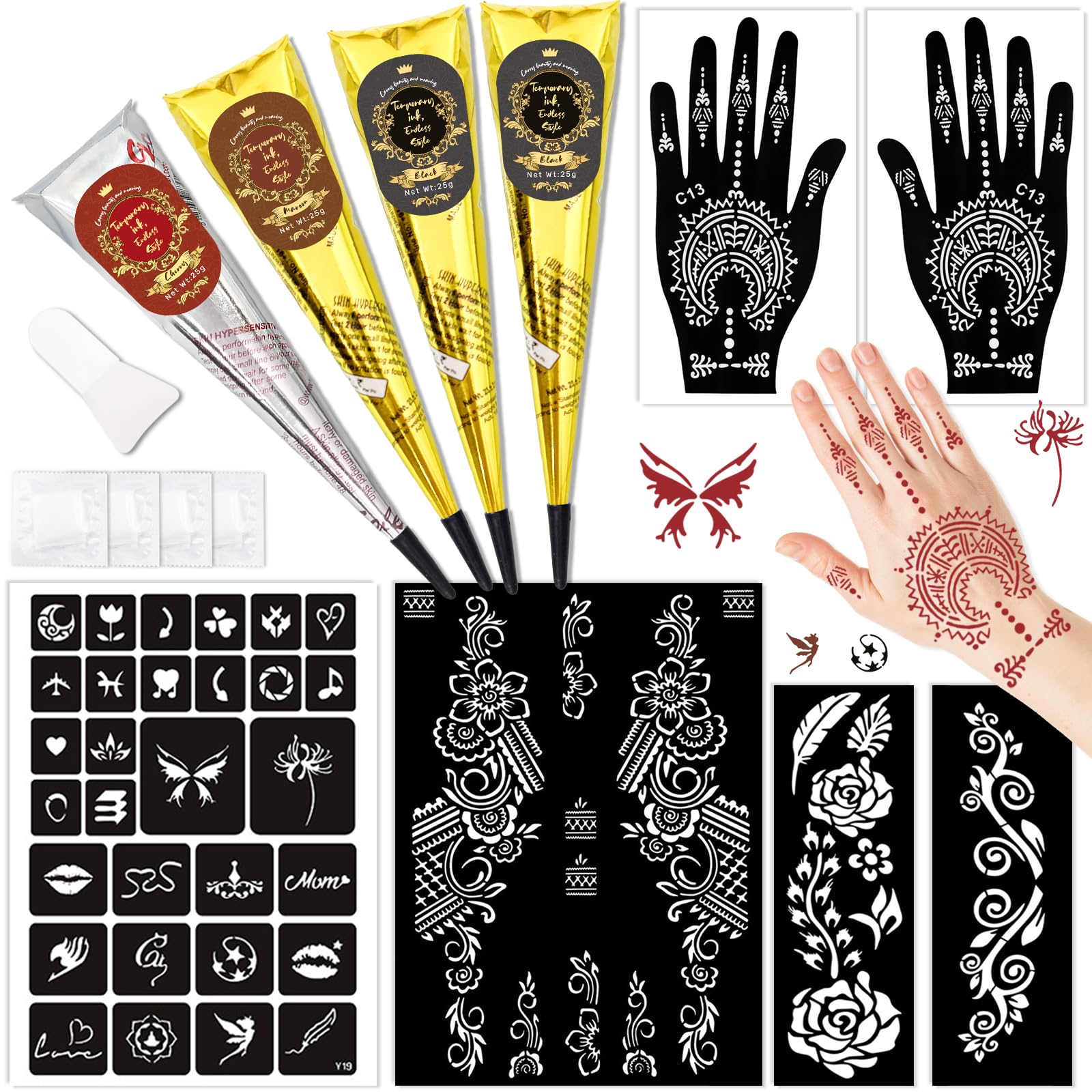 InkForge Temporary Stencils Tattoos Kit, 4 Pcs Tattoo Inks 3 Color (2 Black 1 Maroon 1 Cherry Red) with Gloves Brush Tool,DIY Body Art Skin Painting Designs for Women Men Kids Party Gifts