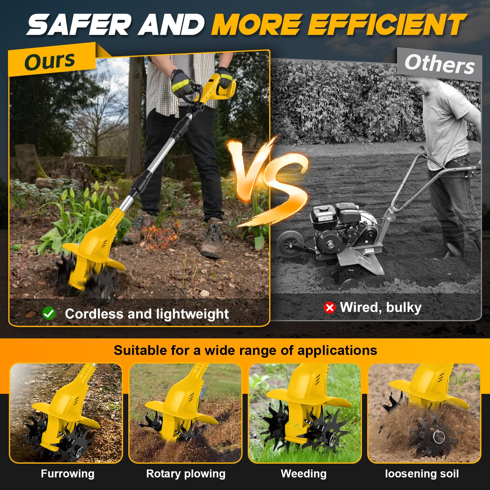 Azada de suelo inalámbrica compatible con batería Dewalt de 20 V, batería de 500 W, 20 cm de profundidad de labranza, 16 cm de ancho de mecanizado, 360 rpm, sin escobillas, plegable, fresadora
