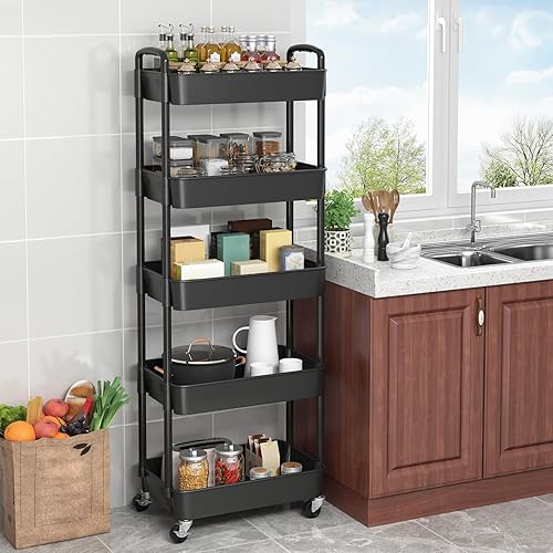 Miniatura 4 de Sywhitta Carrito de plástico de 5 niveles con asa, carrito de almacenamiento multifuncional para oficina, sala de estar, cocina, organizador de