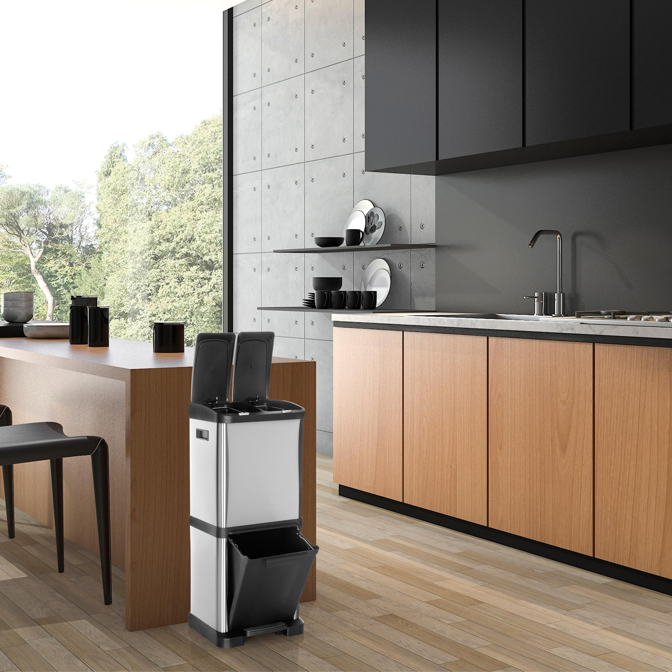 hjh OFFICE Cubo de basura CLEAN VII de acero, sistema de separación de residuos con 3 compartimentos (2 x 8L + 1 x 16L), uso universal, plata, 741100