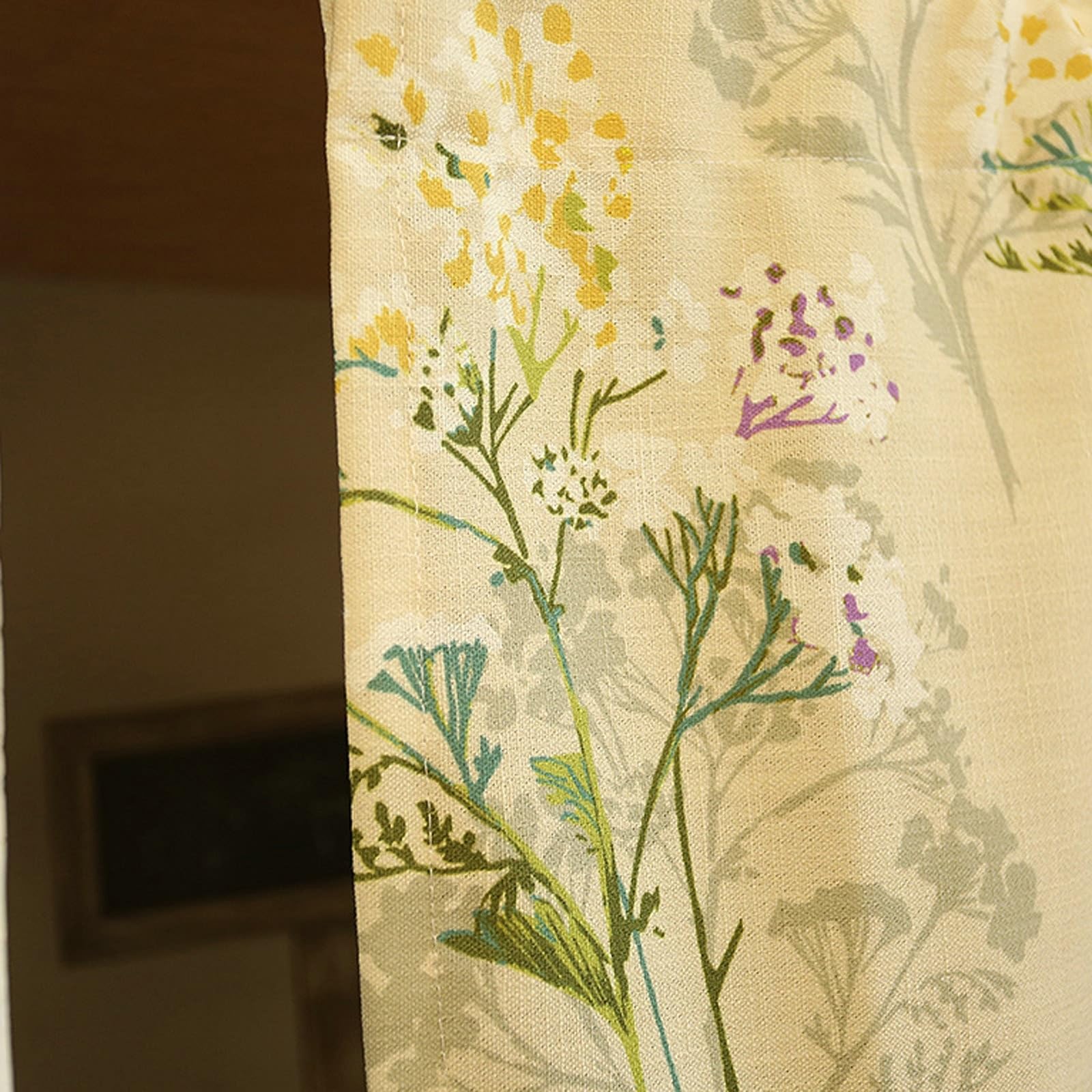 KnSam Nieprzezroczyste zazdrostki do kuchni, 1 szt., wys. x szer. 130 x 130 cm, wzór kwiatowy z falbankami, zielono-beżowe, zazdrostki, krótkie zasłony do sypialni, z motywem bawełny i lnu