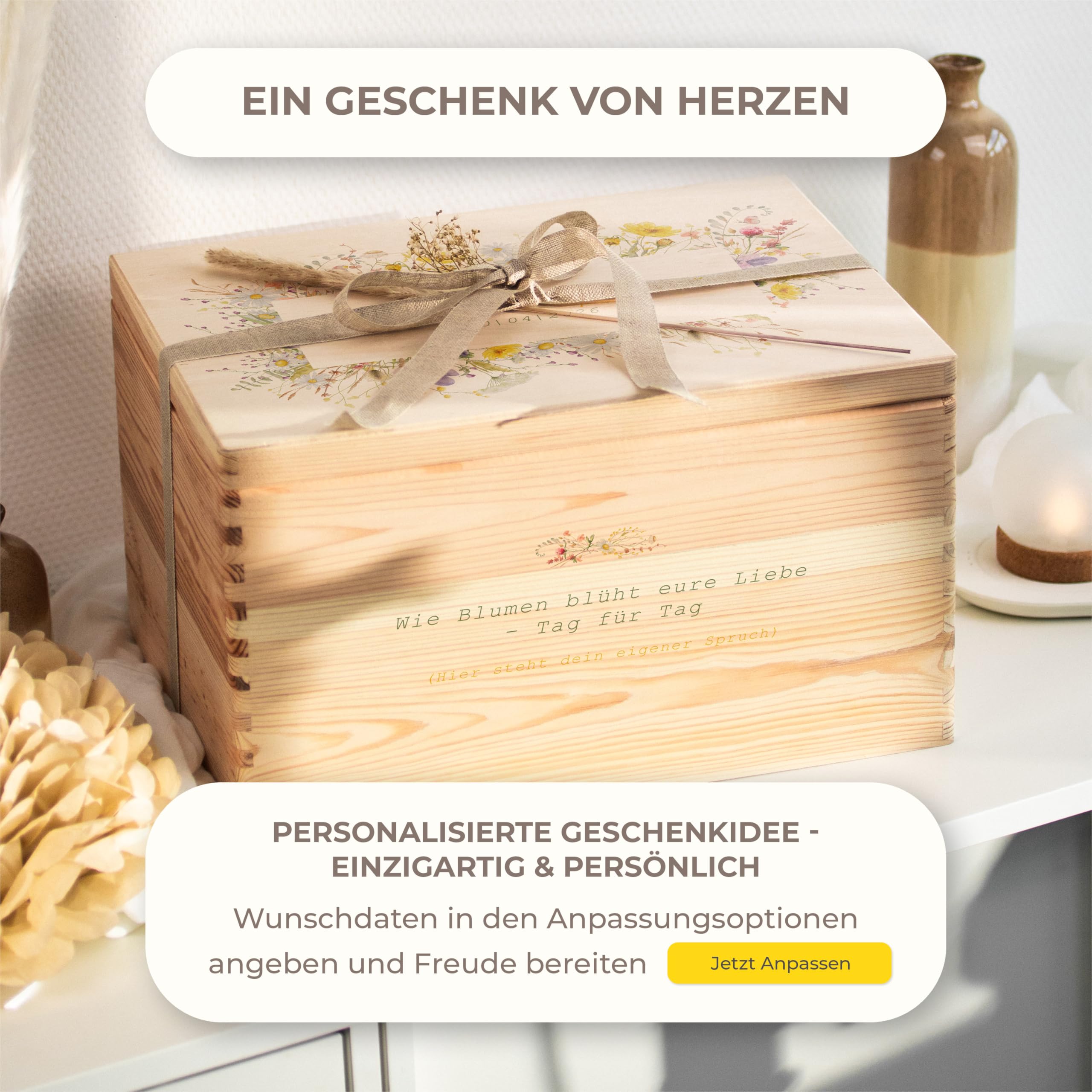Amari ® Personalisierte Erinnerungsbox aus Holz | Blütenmeer | Individuelles Hochzeitsgeschenk Erinnerung Hochzeit Personalisiertes Holzkiste