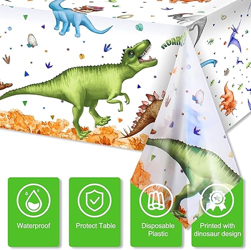 Miniatura 4 de Tatuo 3 manteles de dinosaurio de acuarela de 54 x 108 pulgadas, decoración de mesa de plástico de dinosaurio, desechable, impermeable, mantel de