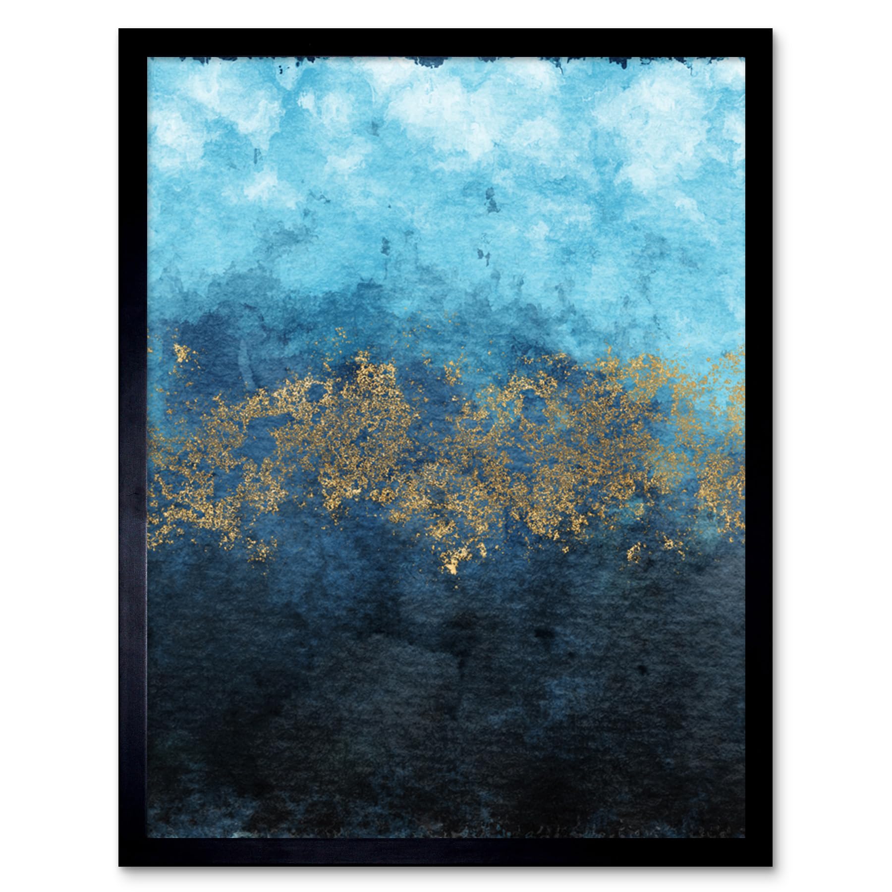 Wee Blue Coo Abstract Blue And Gold Watercolour Art Print Framed Poster Wall Decor 12X16 Inch