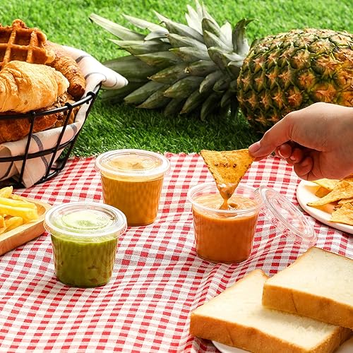 Vista 22 de VITEVER [120 juegos de 3.25 onzas] Tazas de porciones con tapas, pequeños recipientes de plástico con tapas, tazas herméticas y apilables, vasos