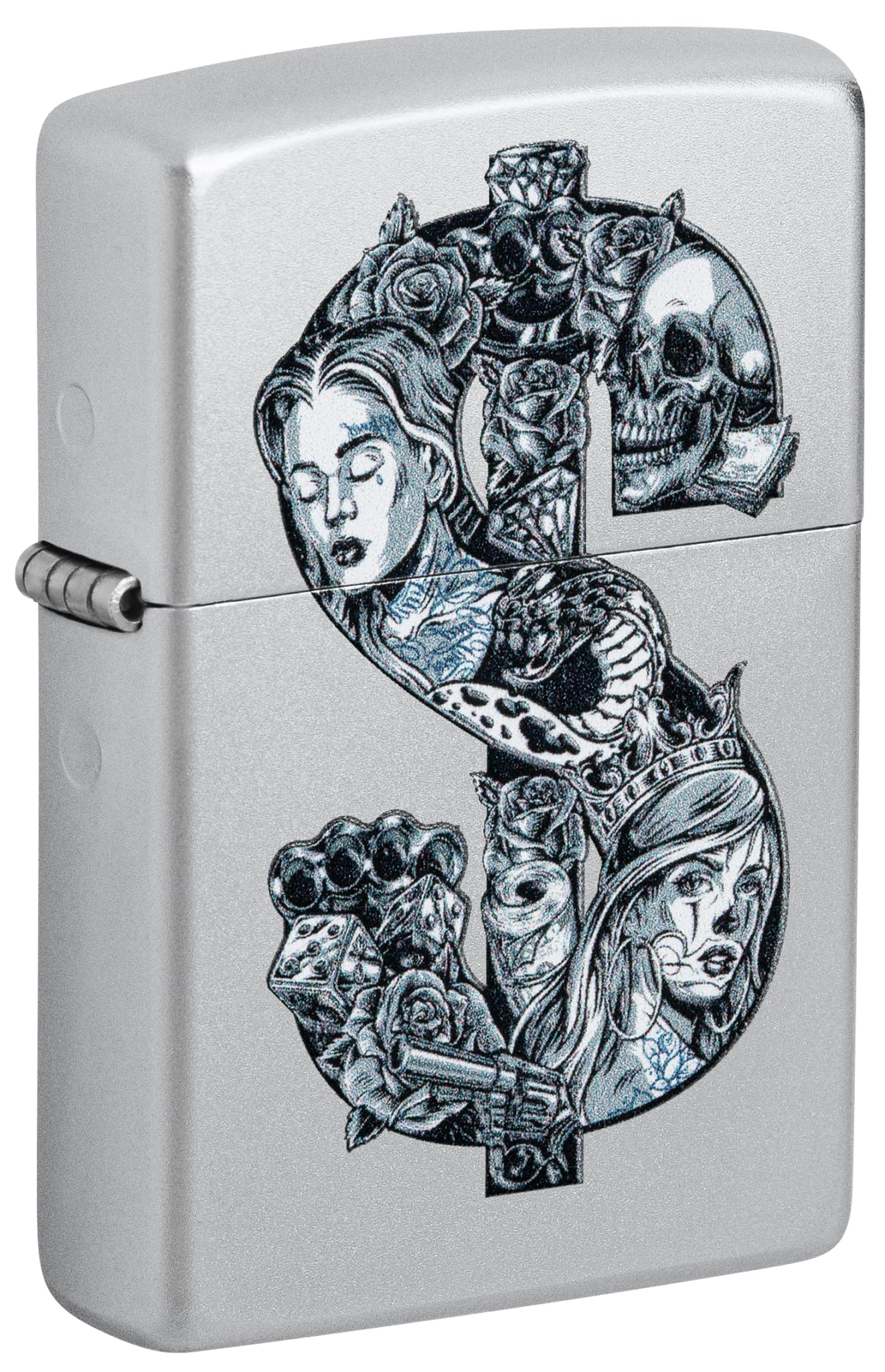 Zippo Tattoo Dollar Zapalniczka Sztormowa, Kolorowy Nadruk, do Napełniania, Wielokrotnego Użytku, Wiatroodporna Konstrukcja, Pudełko na Prezent, Wykonano w USA, Kolor Satynowy Chrom
