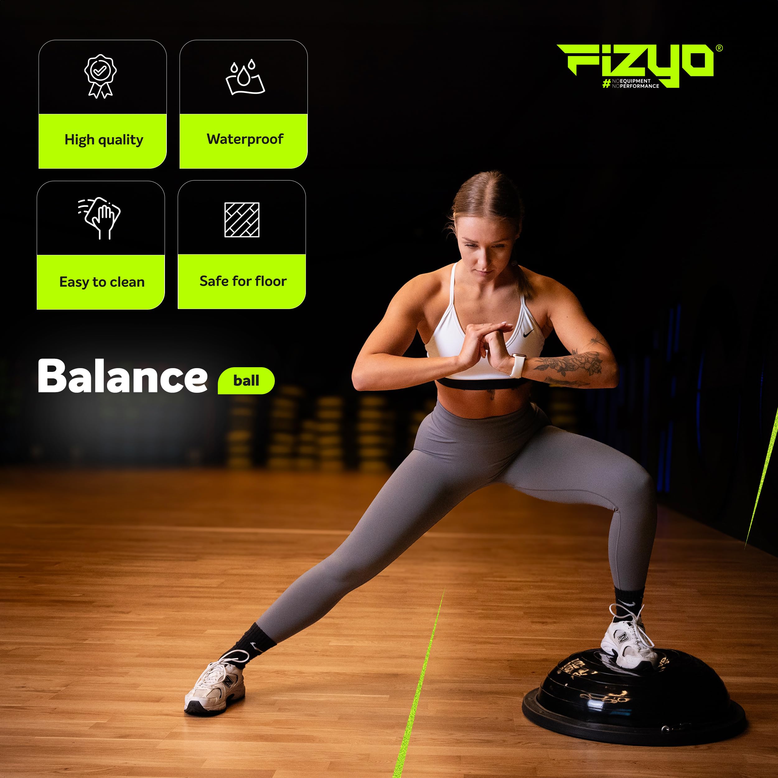 FIZYO Balance Trainer Demi-Boule Ø 58 cm, Ballon d'Équilibre Antidérapant avec Bandes de Résistance & Pompe pour Entraînement Core, Yoga, Pilates, Fitness, Physiothérapie & Rééducation, Noir