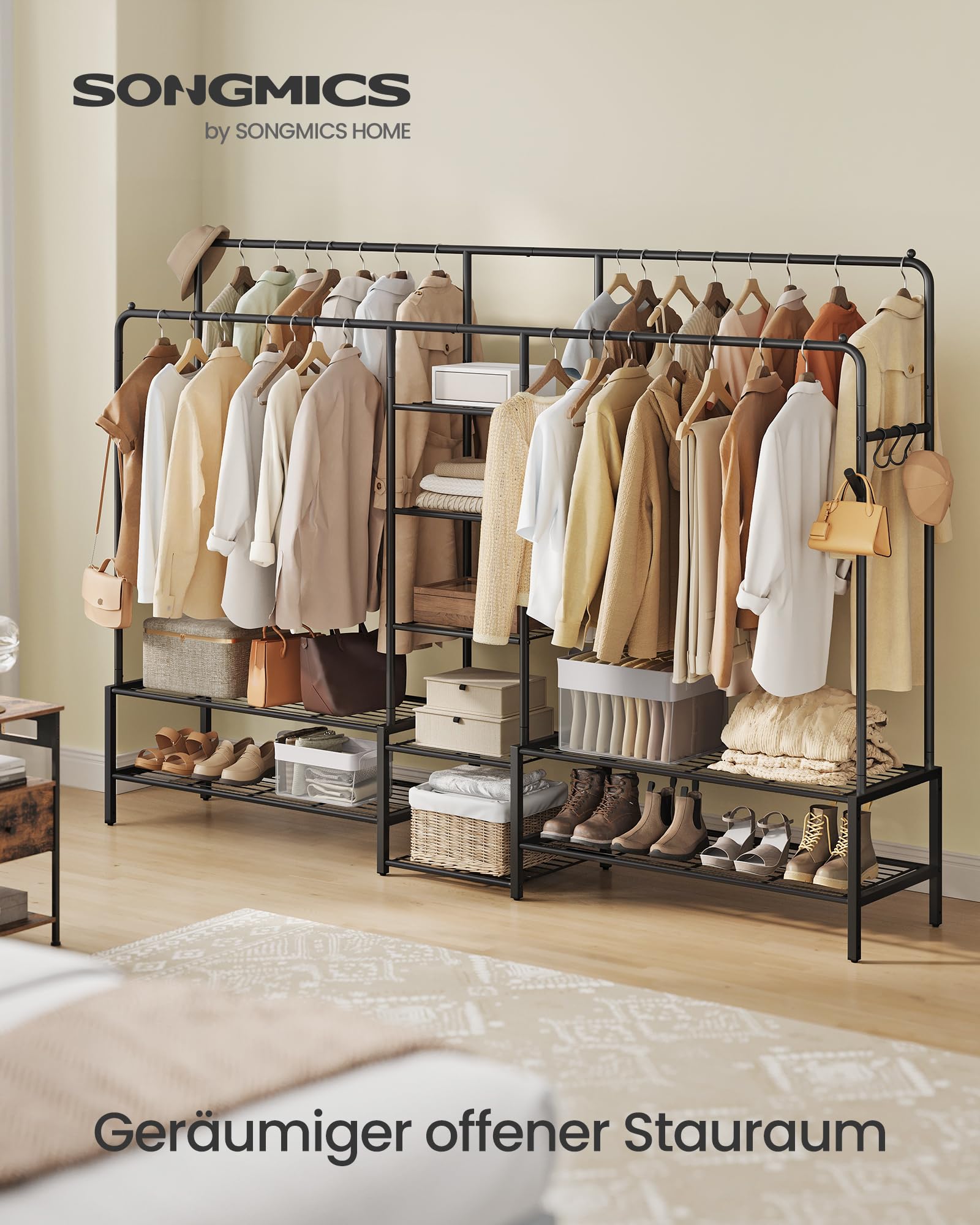 SONGMICS Kleiderständer, offener Kleiderschrank, Garderobenständer mit 9 Ablagen, Metallrahmen, Kleiderstange, für Schlafzimmer, Wohnzimmer, Eingangsbereich, schwarz HSR183B01