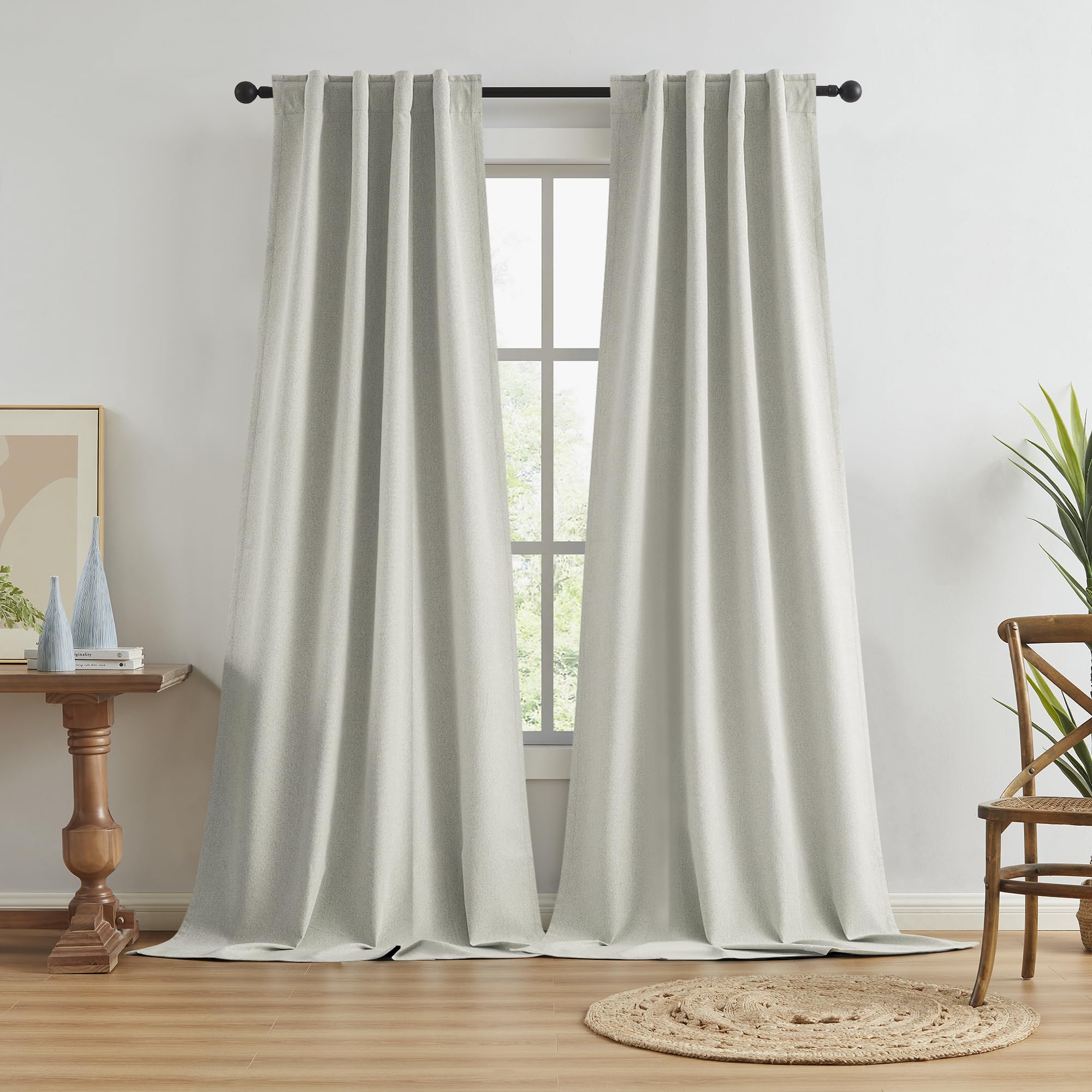 KEQIAOSUOCAI Beige Blackout Curtains 108 Inches Long 2 Panels with Back Tab and Hook and Belt Pocket, 100% Thermal Insulated Boho Blackout Curtains for Living Room