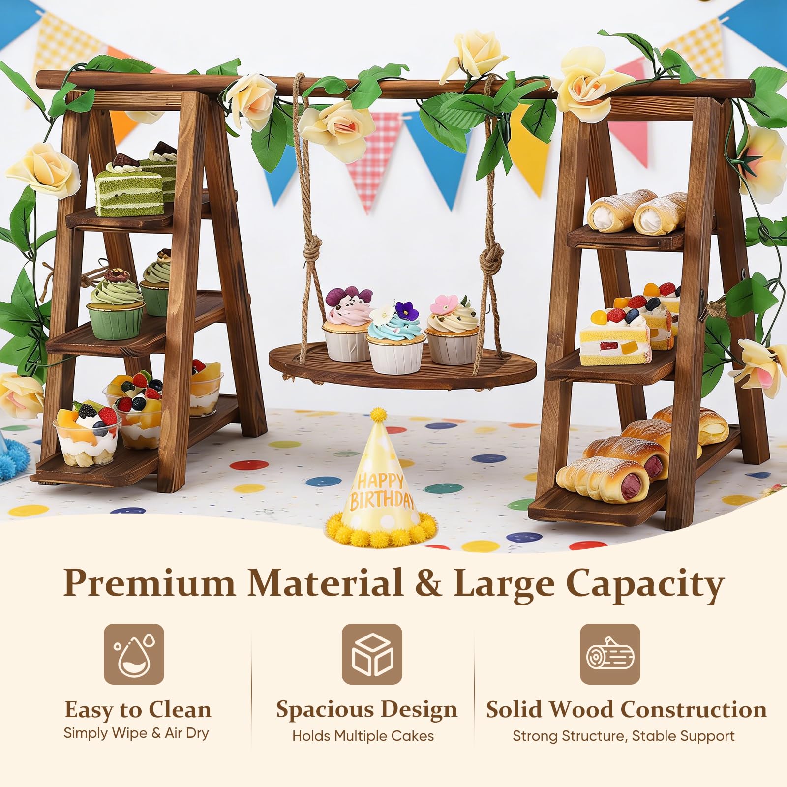 Holz Cupcake Ständer 3-stufig, 82cm Großer Akazienholz Kuchenständer, Faltbarer Dessert Präsentierständer mit Schrägen Etagen für Geburtstag, Nachmittagstee, Hochzeit, Party, Café (7 Bretter)
